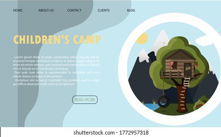 Vector illustration of the site for children s camping, health camps and tourism. Flat illustration of the main page of the mobile app with a tree house, tent, campfire and camping equipment against