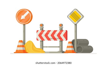 Vector illustration of site construction. A collection of construction signs. 