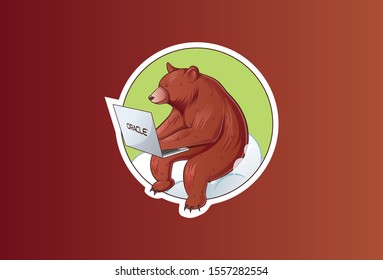 Vector illustration of sitting bear holding laptop. Isolated on brown background.