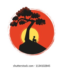 Vector illustration with sitting boy silhouette, black tree and yellow Sun
