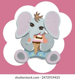 Vector illustration of  sitting cartoon baby elephant with ice cream cone