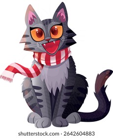 Ilustração vetorial de um gato sentado. Gatinho em um cachecol. Sorria. Feliz expressão facial. Gatinho de desenhos animados