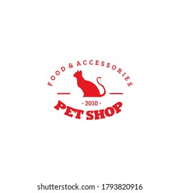 Vector illustration of sitting cat silhouette with curved text isolated on white background perfect for pet shop logo which provide food and accessories