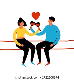 Vector illustration with sitting couple of man and woman drinking red wine together. Trendy print design with people, celebration romantic poster