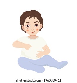 Vector illustration of sitting cute brown hair little child in white t-shirt and blue tights on white background.
