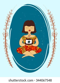 Vector illustration of a sitting girl with a cup of coffee, floral ornament and blue oval frame, on vintage paper background