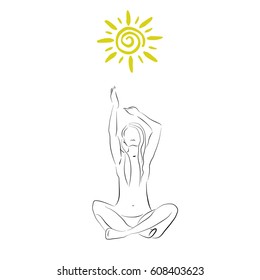 a vector illustration; a sitting girl in a lotus yoga pose stretching  hands up towards sun; hand drawn simple female silhouette