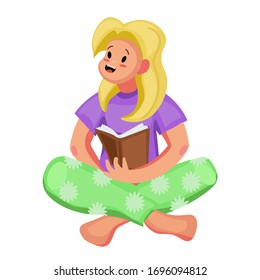 
vector illustration of a sitting girl reading a book in cartoon flat style.