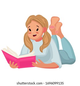 
vector illustration of a sitting girl reading a book in cartoon flat style.