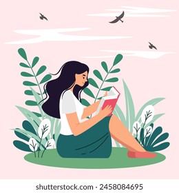 Ilustración vectorial de una niña sentada leyendo un libro sobre un fondo de plantas. Imagen para la celebración del Día Mundial del Libro.