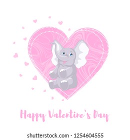 Vector illustration of a sitting happy grey elephant against the big pink decoration Heart isolated on the white background. Text Happy Valentines Day.