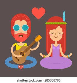 Vector illustration of sitting hippie man playing guitar and meditating woman 