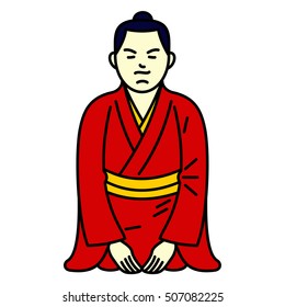 Vector illustration sitting japanese boy. Traditional Japanese clothes Advertisements, signs, stickers, web banners, signage. Isolated on a white background.