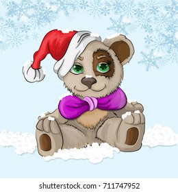 vector illustration of a sitting little bear cub on the snow in a Christmas hat