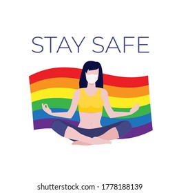 Vector illustration of sitting in lotus asana girl in protective mask holding lgbt rainbow flag. Stay safe and protect yourself. Stay safe and do yoga concept. Lgbt, gay pride concept.