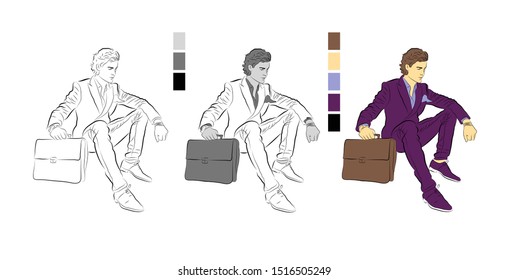 Vector illustration of a sitting man with a briefcase. Male office worker.