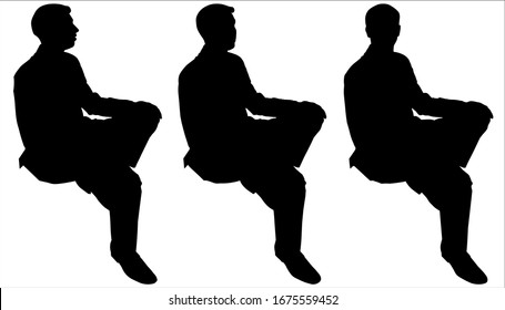 Vector illustration of a sitting man. A businessman in a suit sits cross-legged. Turn. In transport. Side view. Man's head is turned sideways, looking forward. Holds a hand on his knee. Black shadows.