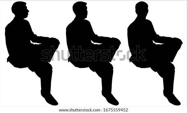 座っている男性のベクターイラスト スーツを着た実業家が脚を組んで座る 回れ 輸送中 側面図 人の頭は前を向いて横向きになる 膝に手を当てる 黒い影 のベクター画像素材 ロイヤリティフリー