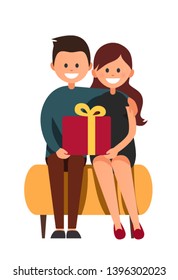 Vector illustration of sitting man in casual clothes and woman in little black dress on the white background with big present. Cartoon realistic people illustation. Flat young couple. Front view. 