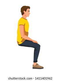 Vector illustration of sitting man in casual clothes under the white background. Cartoon realistic people. Side view.