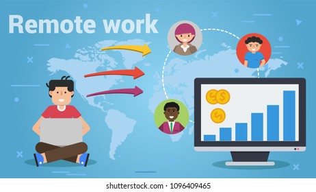 Vector illustration of sitting man with computer and other workers around of world. Big monitor with growth chart on screen and money. Horizontal web banner, business flat concepts of remote work