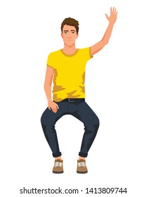 Vector illustration of sitting man with hand up in casual clothes. Cartoon realistic people illustartion. Flat young man. Front view man. Greeting
