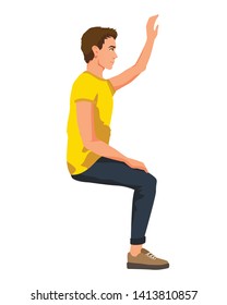 Vector illustration of sitting man with hand up in casual clothes. Cartoon realistic people illustartion. Flat young man. Side view man.