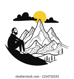 Vector illustration with sitting man looking to the mountain landscape. Inspirational travel poster, outdoor badge design