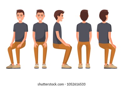 Vector illustration of sitting men in casual clothes under the white background. Cartoon realistic people. Flat young man. Front view man, Side view man, Back side view man, Isometric view.
