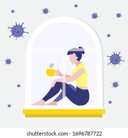 Vector illustration of sitting on the window girl with cup of hot drink like coffee or tea on quarantine. Viruses around window. Coronavirus concept. Remote work from home. Stay home.