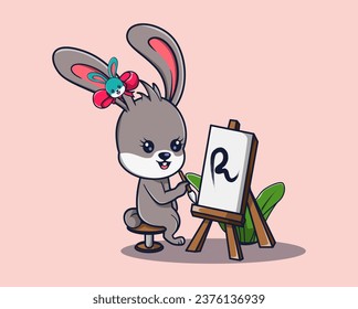 vector illustration of a sitting painter rabbit animal painting. plants surrounding animals icon concept