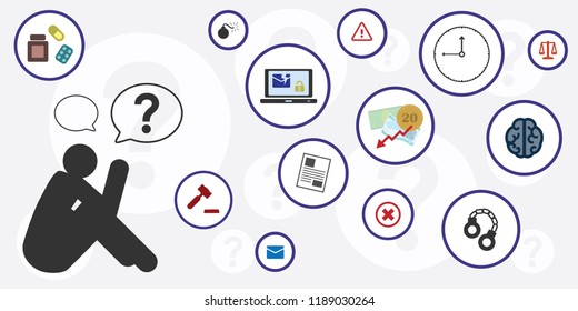 vector illustration of sitting person for personal or economic crisis concept with financial and law problems