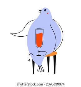 Vector illustration with sitting pigeon drinking wine. Funny party print design with animal