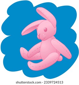 Vector illustration of a sitting pink plush rabbit on a blue background.