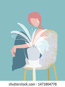 Vector illustration of a sitting and resting girl. Pastel colors. Нand drawn.