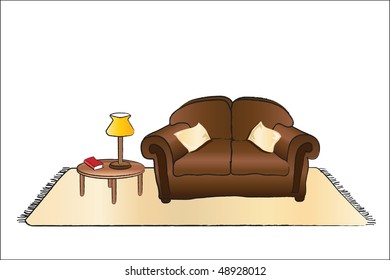 A vector illustration of a sitting room with sofa, rug, coffee table and lamp.