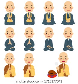 Vector illustration of sitting seiza, praying, meditating Japanese buddhist monks with 8 different pauses. Buddha. Spiritual. Buddhism.