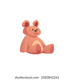 Vector illustration of sitting teddy bear, brown color. Cute stuffed toy. Gift for kids and adults. Cartoon flat style icon. Minimalistic design. Isolated white background.