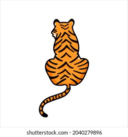 Vector illustration with a sitting tiger, a wild tiger in a cartoon style on a white background. Illustrations for T-shirts, postcards, posters, fabrics