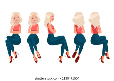 Vector illustration of sitting woman in casual clothes under the white background. Cartoon realistic  people illustration.Flat young woman. Front view girl,Side view , Back side 