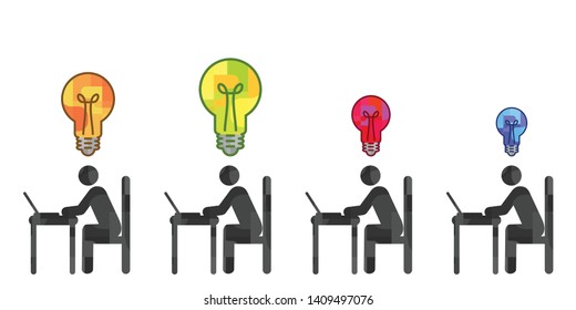Vektorillustration-Illustration von Sitzern und Arbeitern mit Ideensymbole für individuelles Kreativitätskonzept