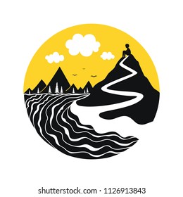 Vector illustration with sitting young man silhouette on the top of the hill. Black, white and yellow print design with clouds, river, birds, mountains, trail and pine forest