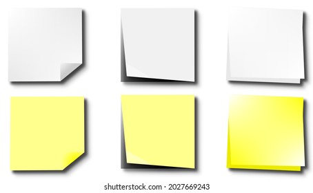 Vector illustration six 6 self adhesive notes post it White and yellow folded corner with shadows