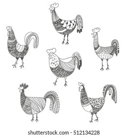 vector illustration with six abstract hand drawn roosters