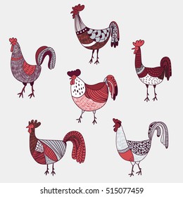 vector illustration with six abstract hand drawn roosters