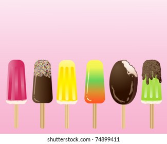 vector illustration of six assorted ice lollies on pink in eps 10 format