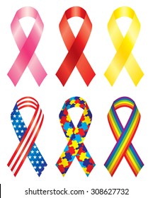 Vector illustration of six awareness ribbons.