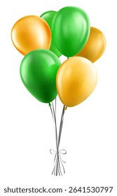 Vector illustration with six balloons in green and yellow colors on white background. Balloons are tied together with a simple ribbons that forms a bow at the bottom. Ideal for party or event designs.