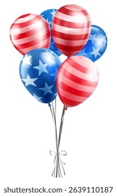 Vector illustration with six balloons in the national colors of the American flag on white background. Balloons are tied together with a ribbons. Perfect for celebrating US Independence Day.