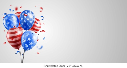 Vector illustration with six balloons in the national colors of the American flag on a light gradient background. Scraps of colored streamers fly around. Perfect for celebrating US Independence Day.